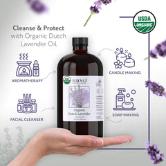 HBNO Lavender Dutch Oil glass bottle close-up on label highlighting organic purity.