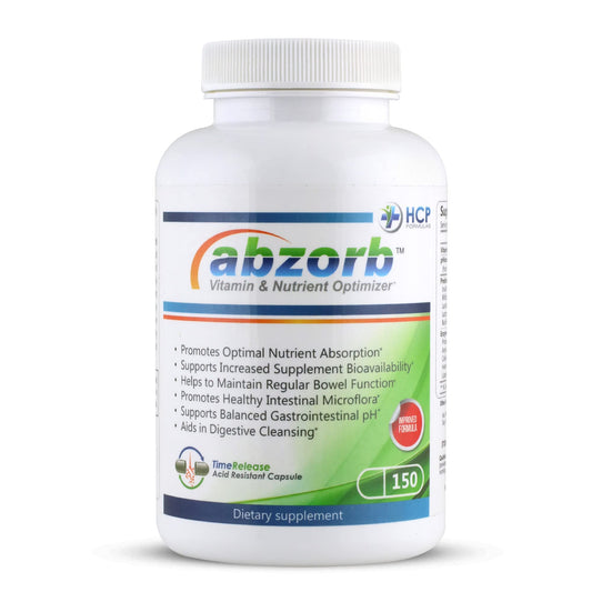 HCP Formulas Abzorb bottle pouring capsules for digestive support and nutrient absorption.
