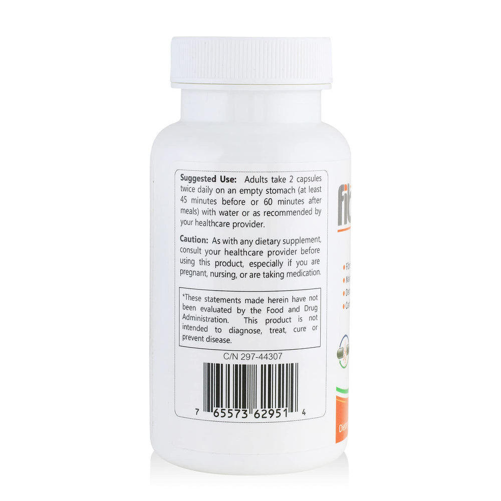 HCP Formulas Fibrenza bottle label showing premium, gluten-free ingredients and US manufacturing.