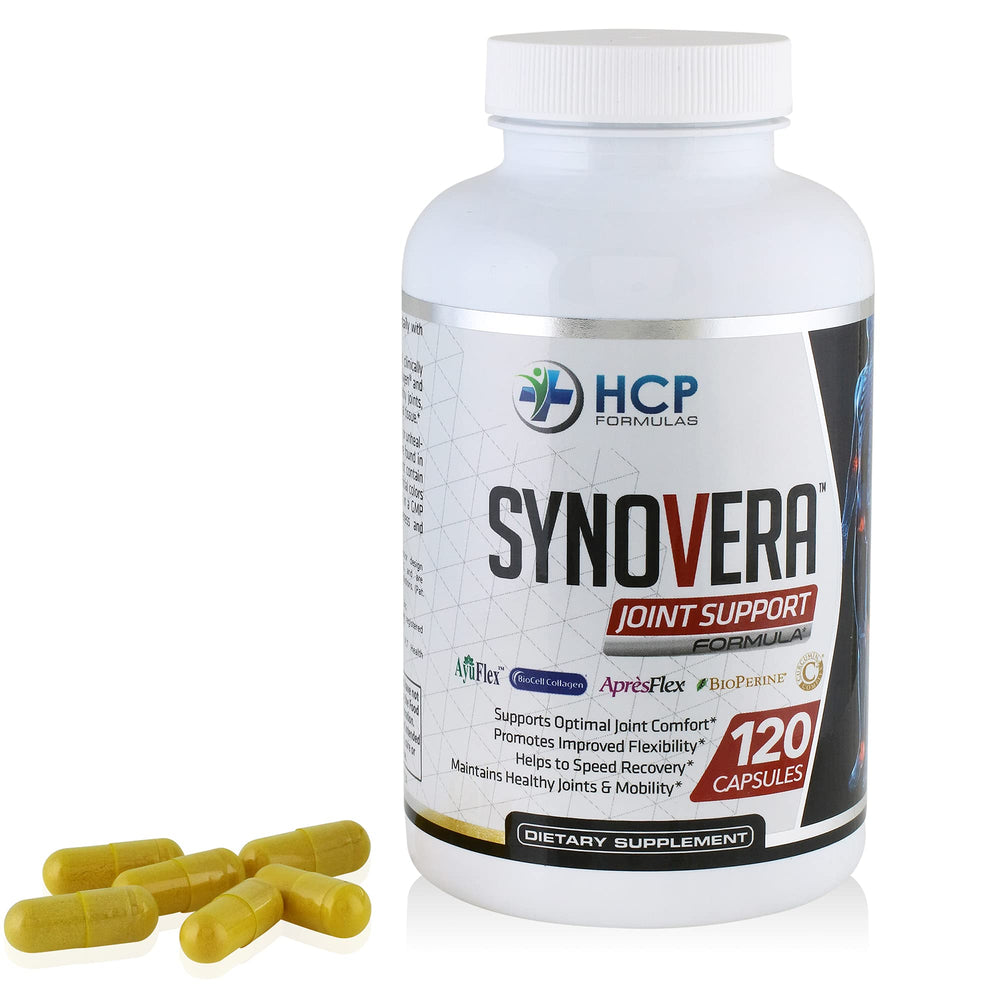 HCP Formulas Synovera dosage schedule indicating twice daily with meals