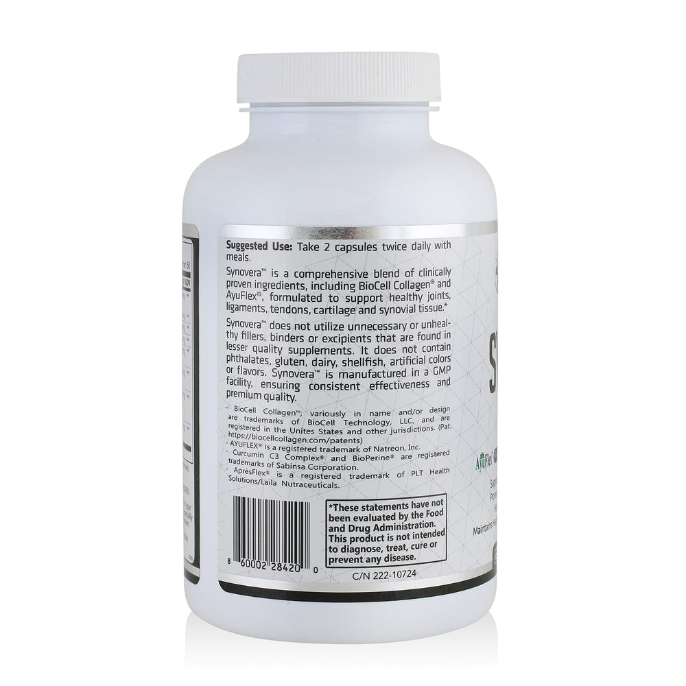 HCP Formulas Synovera ingredients panel with collagen and turmeric benefits