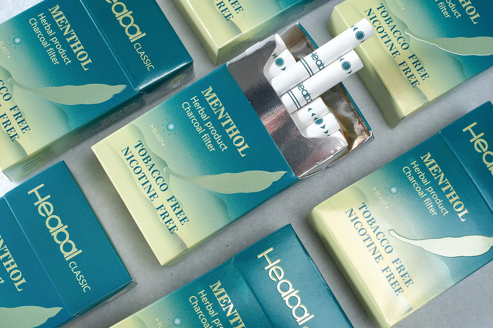 Heabal brand logo on label emphasizes trusted quality in tobacco alternatives