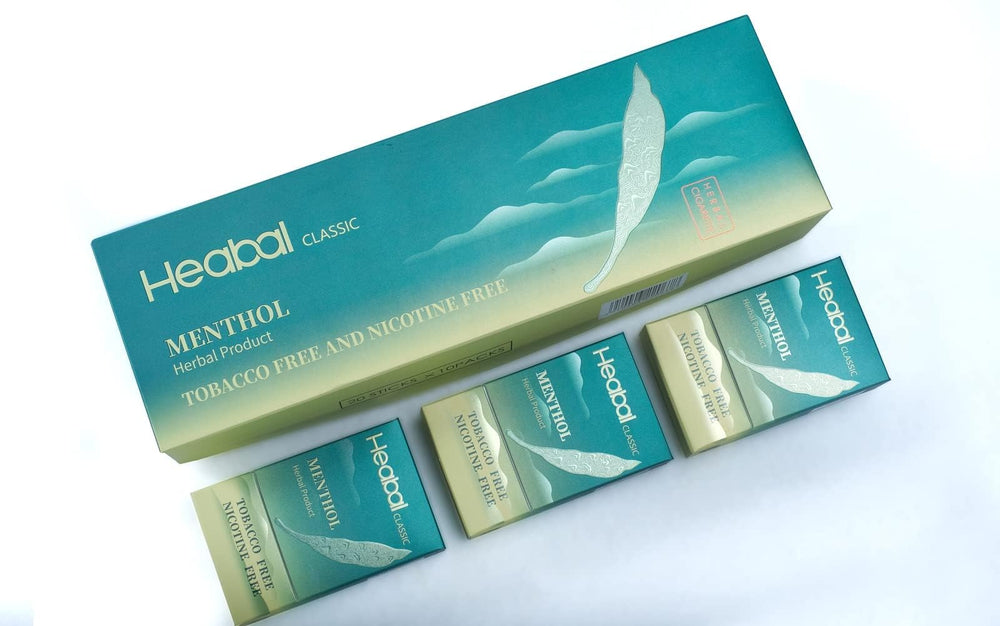 HEABAL herbal cigarettes carton image, tea-leaf blend for a tobacco-free experience.