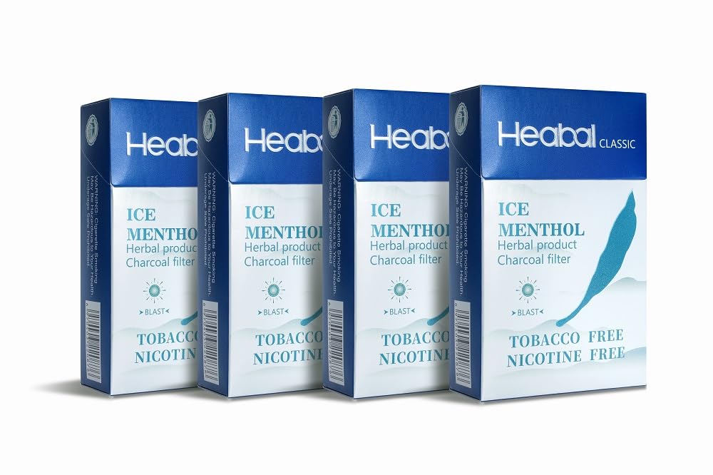 HEABAL Ice Menthol herbal cigarettes box front shows refreshing, tobacco-free option.