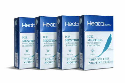 HEABAL Ice Menthol herbal cigarettes box front shows refreshing, tobacco-free option.