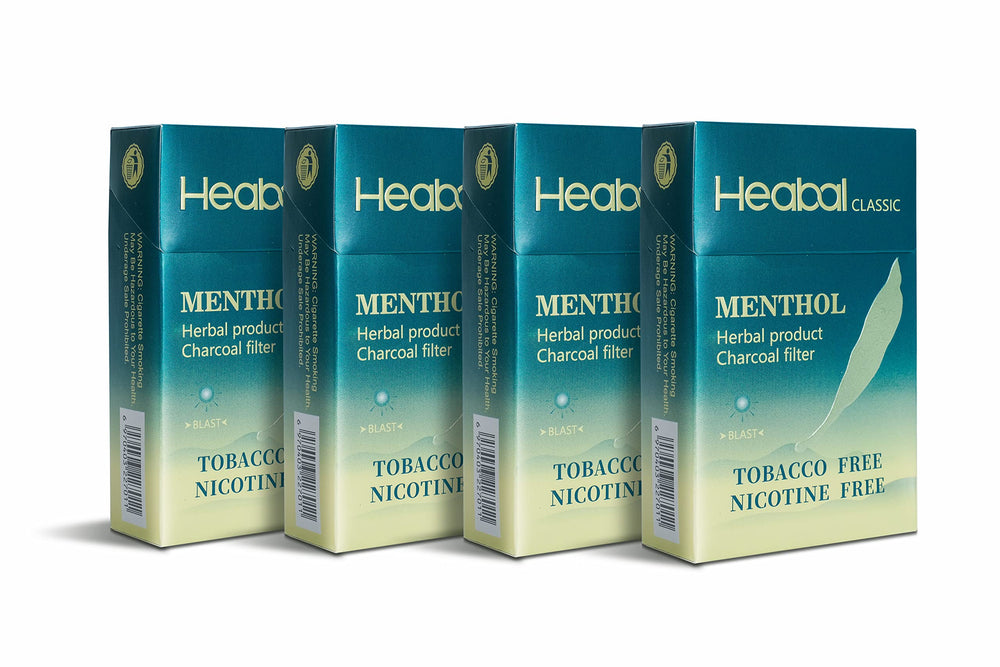 Heabal Menthol herbal cigarettes front view pack demonstrates a nicotine-free flavor option