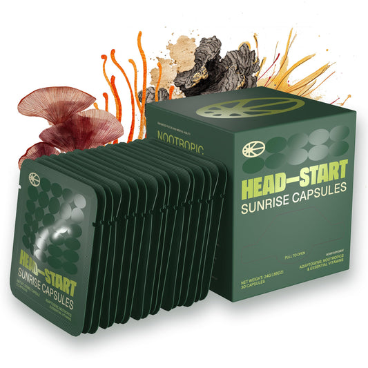HEAD-START Sunrise Capsules bottle closeup shows plant-based brain support