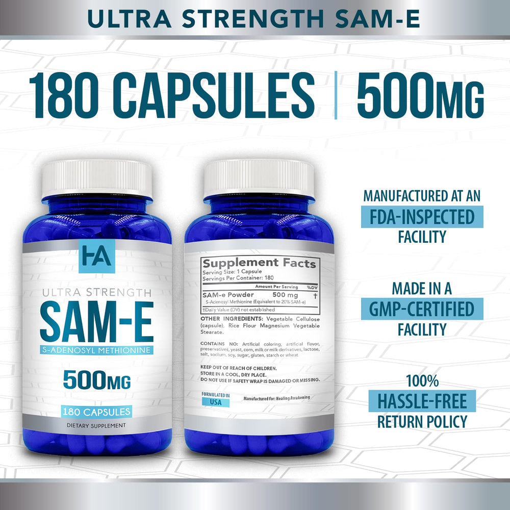 Healing Awakening SAM-e veggie capsules in bottle showcase convenient daily dosage.
