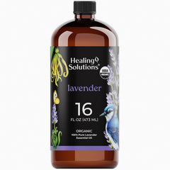 Healing Solutions lavender oil 16oz bottle for skin care and home fragrance.