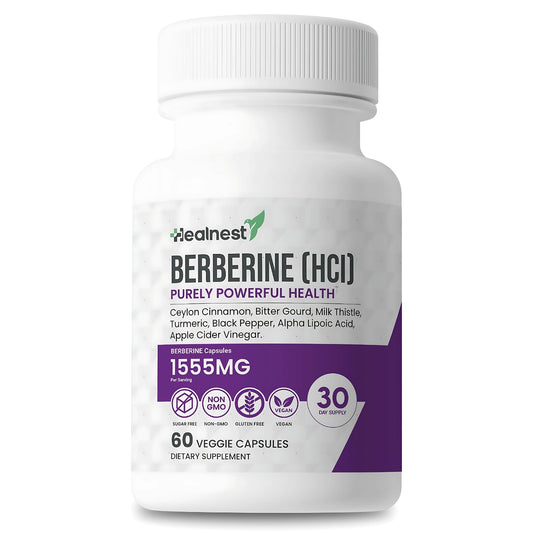 HEALNEST Berberine HCl bottle close-up highlighting daily wellness support.