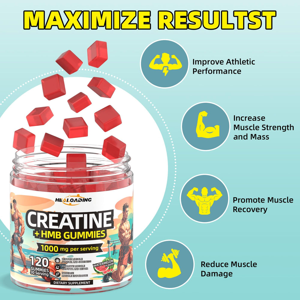 HEALOADING gummies with dumbbells illustrating strength and endurance benefits