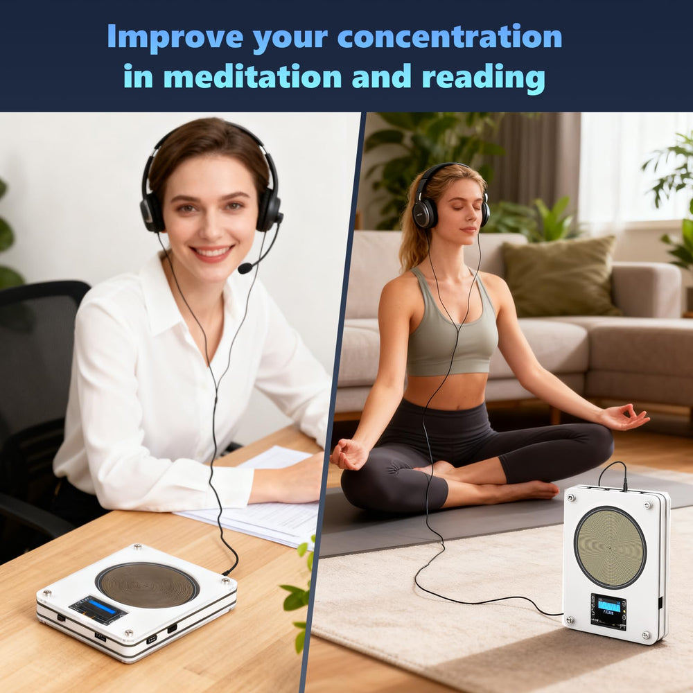 HealPul Rechargeable Schumann Resonance Generator bedside use during relaxed meditation.