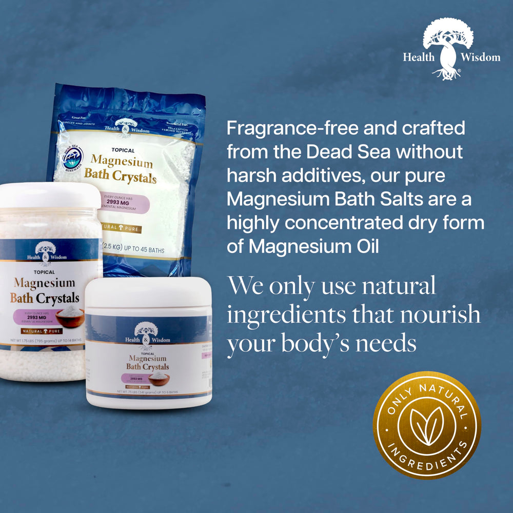 Health and Wisdom magnesium bath crystals close-up showing high-concentration formula for rapid topical absorption.