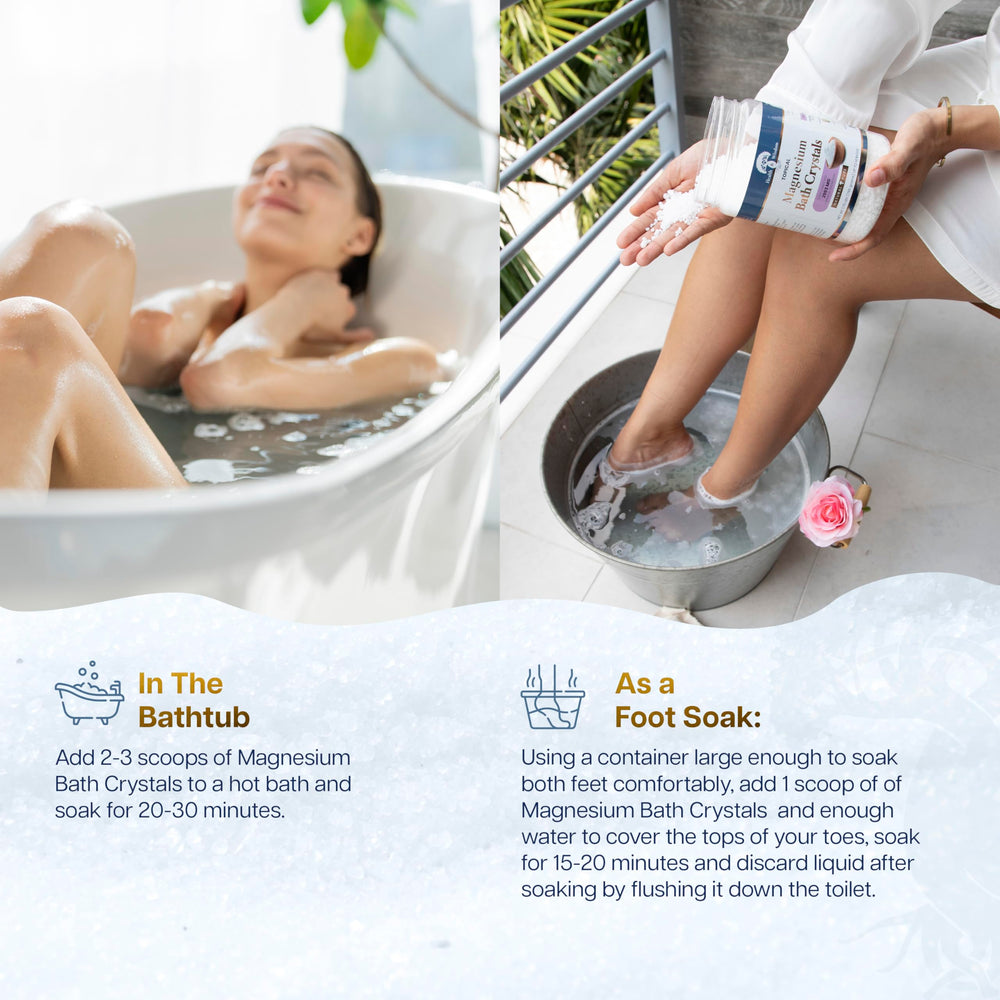 Health and Wisdom magnesium bath crystals foot soak setup offering soothing relief for tired feet.