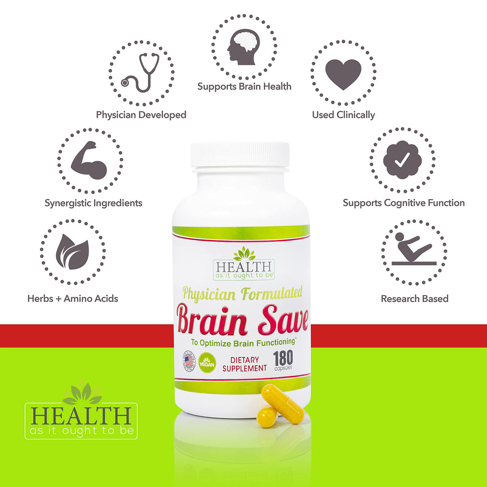 Health As It Ought To Be Brain Save label detailing clinical-grade formulation