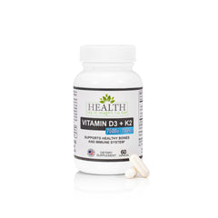 Health As It Ought To Be D3+K2 bottle and capsules, supporting bone health and calcium utilization.