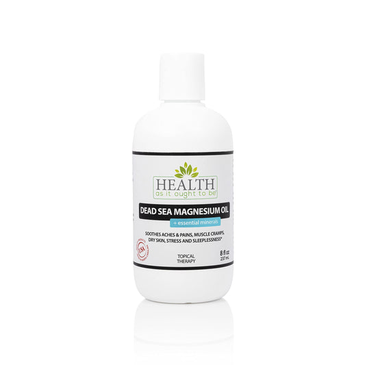 Health As It Ought To Be Dead Sea Magnesium Oil 8 oz bottle for topical relaxation.