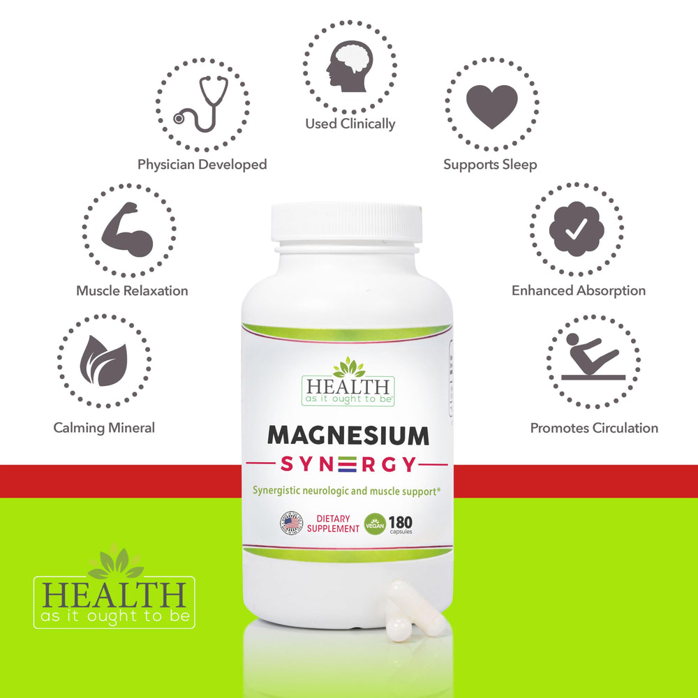 Health As It Ought To Be Magnesium Syn3rgy capsules illustrate easy-to-swallow support for restful evenings
