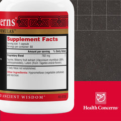 Health Concerns Bil Lutein capsules on foil indicating convenient daily nutrition for eyes.