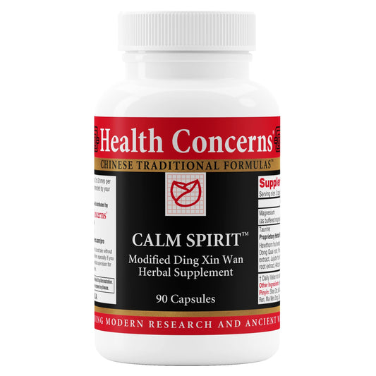 Health Concerns Calm Spirit bottle with front label, showing 90 capsules for daily stress relief.