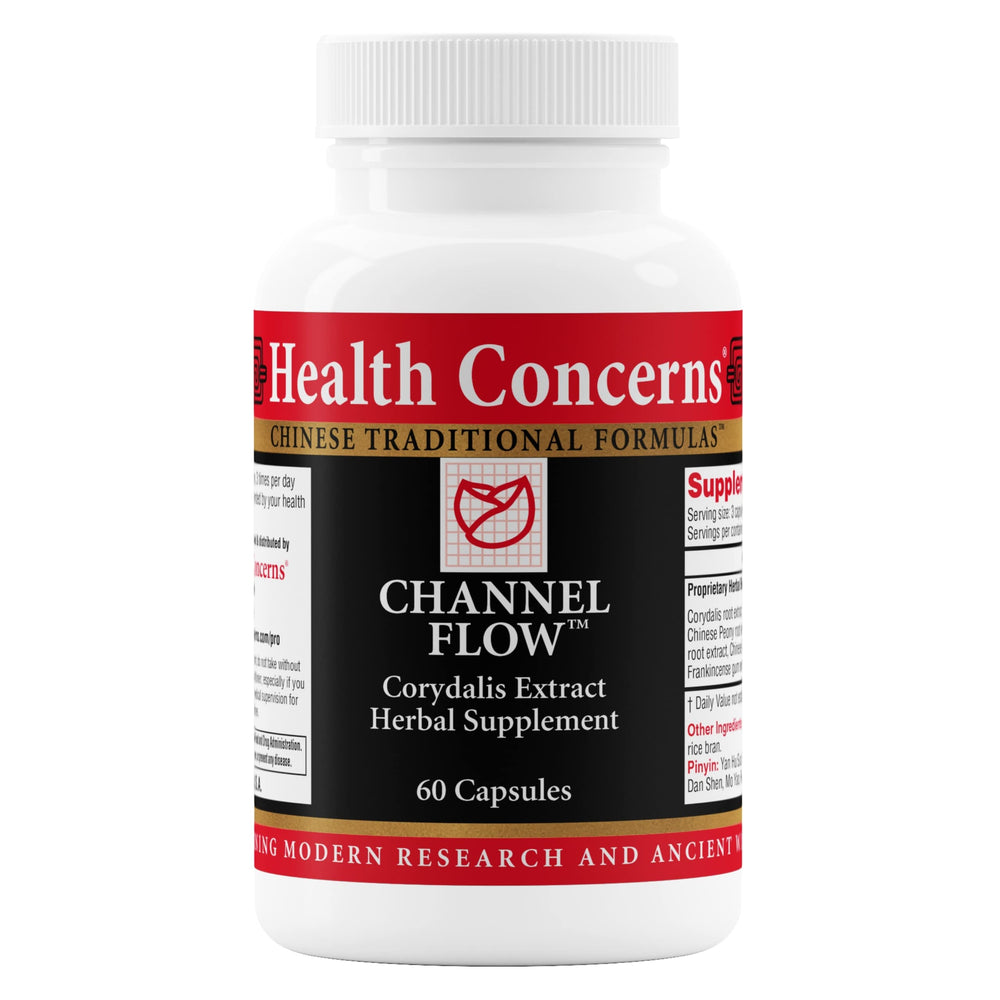 Health Concerns Channel Flow bottle front view for daily use and muscle comfort.