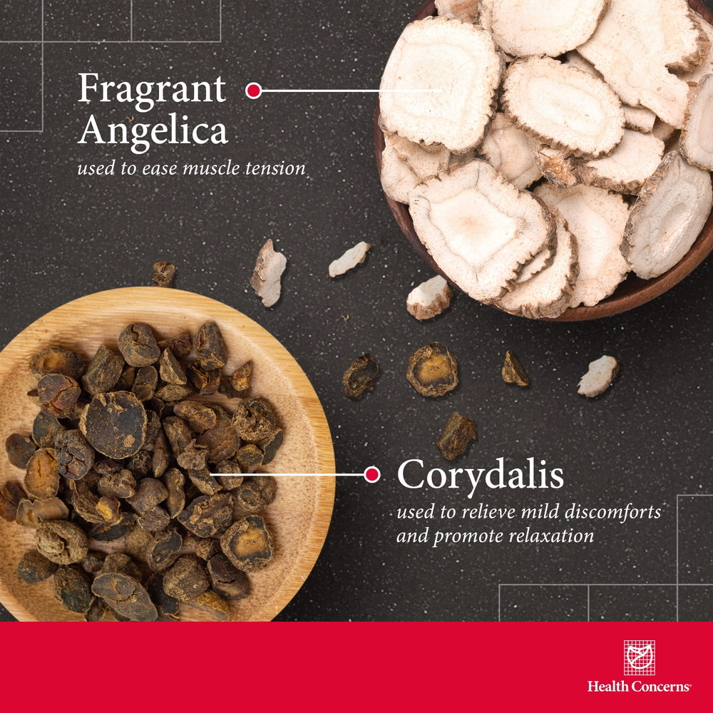 Health Concerns Channel Flow capsules close-up reveals a potent herbal blend for relaxation.