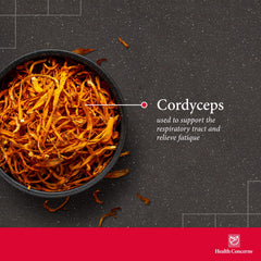 Health Concerns Cordyceps PS fruiting body close-up emphasizing respiratory benefits.