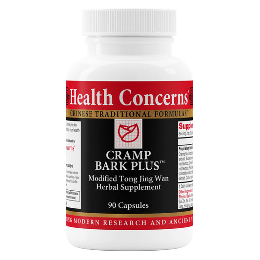 Health Concerns Cramp Bark Plus bottle with 90 capsules for daily menstrual support.