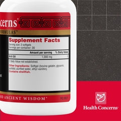 Health Concerns EPAQ softgels closeup emphasizes convenient daily krill oil intake.