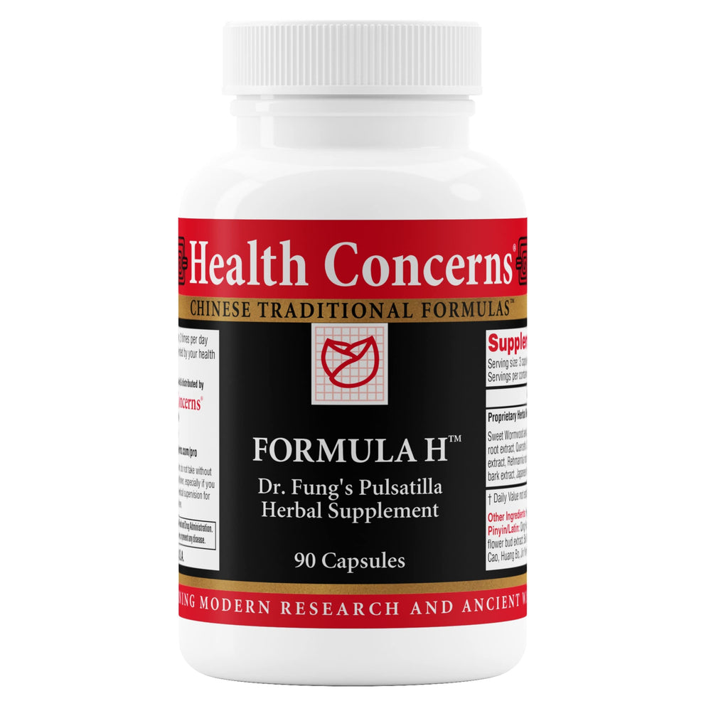 Health Concerns Formula H bottle label highlights a herbal blend for circulatory support.