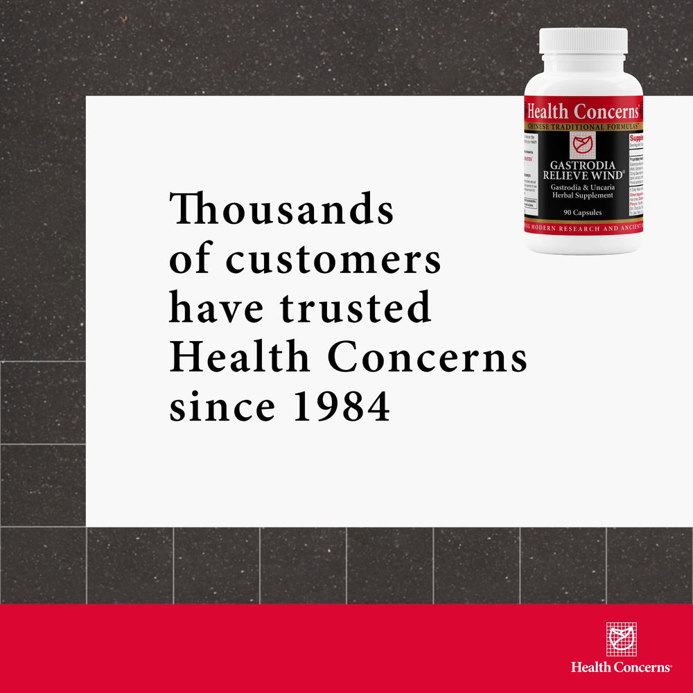 Health Concerns Gastrodia Relieve Wind bottle shows 90-serving label