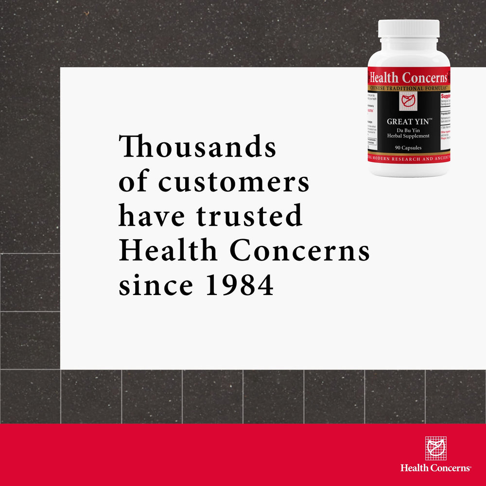 Health Concerns Great Yin bottle on clean surface suggesting calm wellness during menopause.