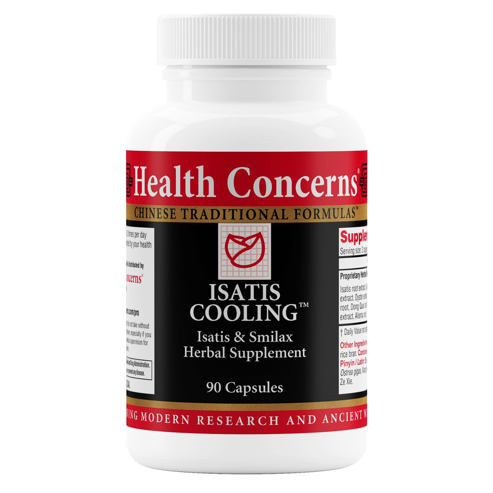 Health Concerns Isatis Cooling bottle with label, highlighting a cooling herbal blend for daily balance.