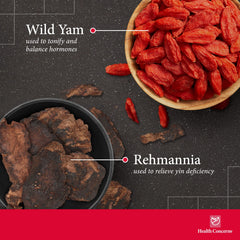 Health Concerns Nine Flavor Tea herbal blend close-up emphasizes Rehmannia, Wild Yam, and potential immune support