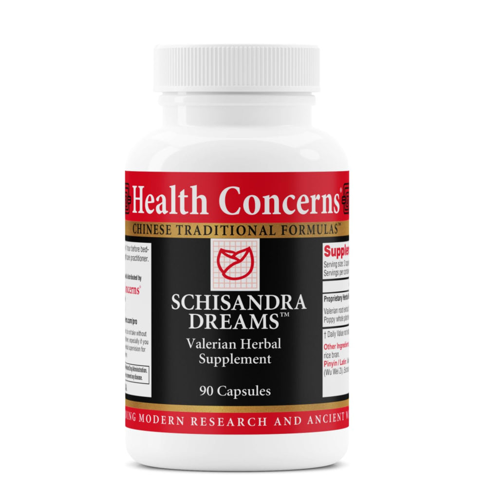 Health Concerns Schisandra Dreams bottle with capsules for restful sleep and calm.