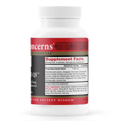Health Concerns Source Qi bottle label showing herbs like Astragalus and Ginseng for wellness.