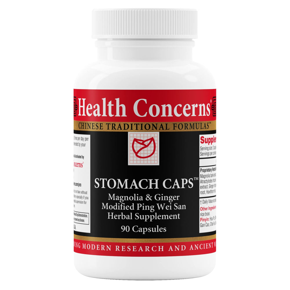 Health Concerns Stomach Caps bottle and label for digestive support.
