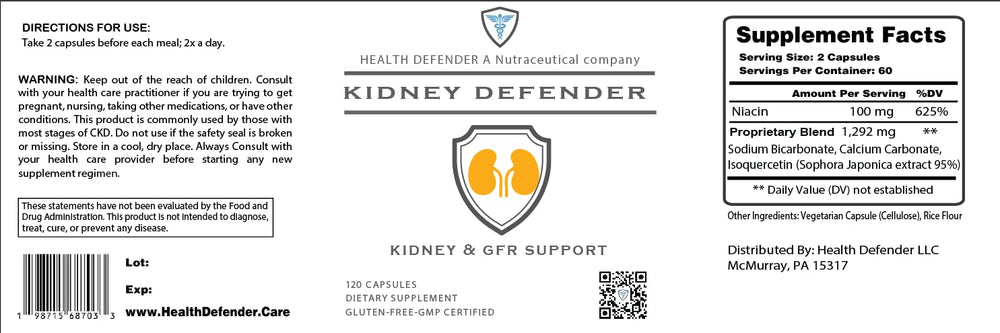 Health Defender Kidney Defender glass bottle with capsules for daily use.