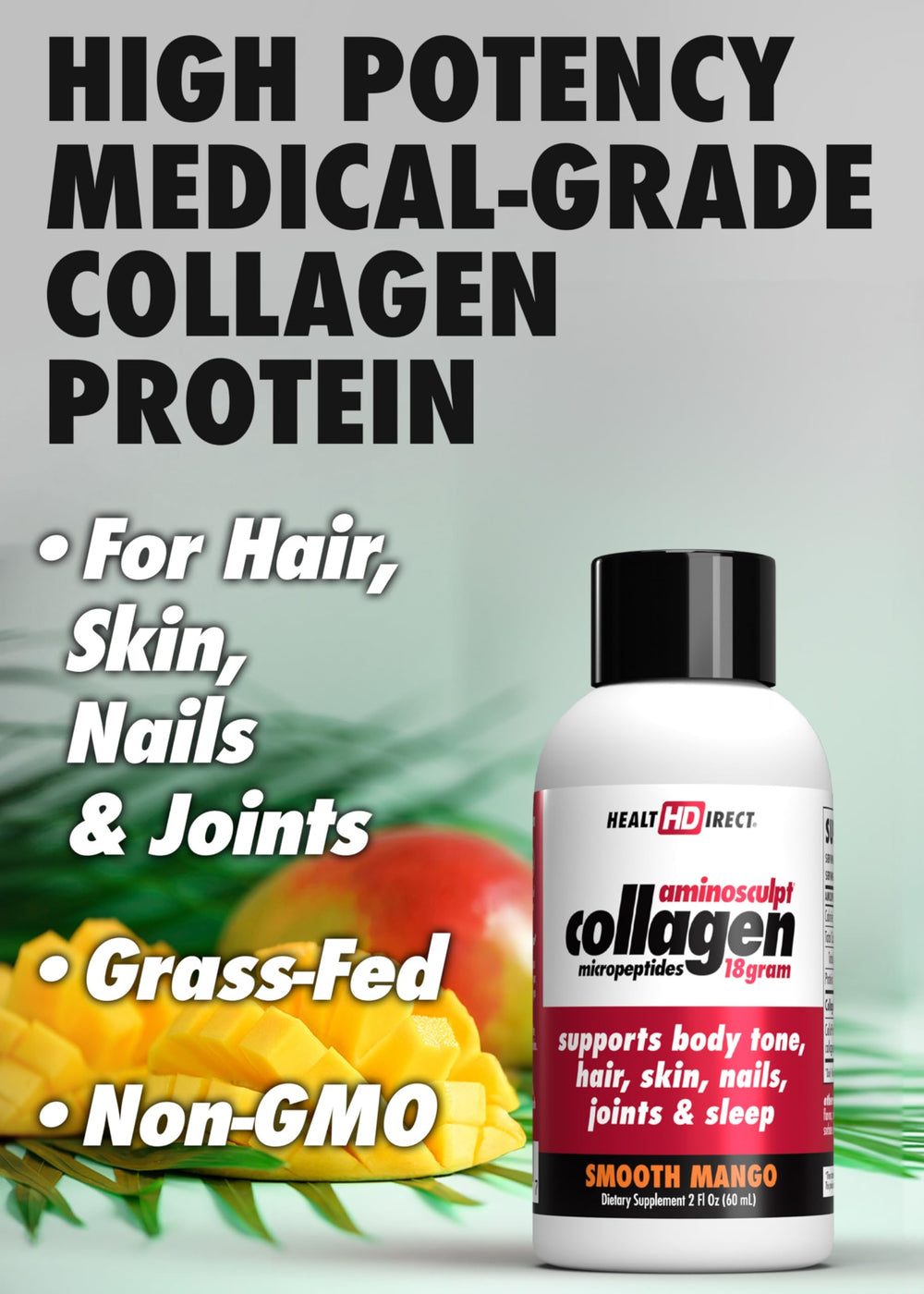 AminoSculpt Mango liquid shot pouring into a glass for easy daily nutrition.