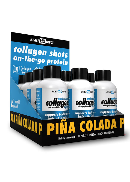 HEALTH DIRECT AminoSculpt Pina Colada shot bottle close-up for daily collagen on the go.