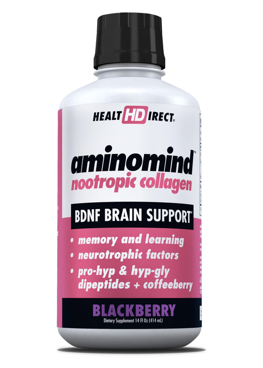 HEALTH DIRECT AminoMind bottle on desk supports daily focus and brain wellness.
