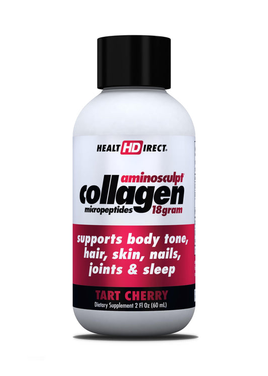 HEALTH DIRECT AminoSculpt Tart Cherry bottle front shows sugar-free collagen for joints and sleep support