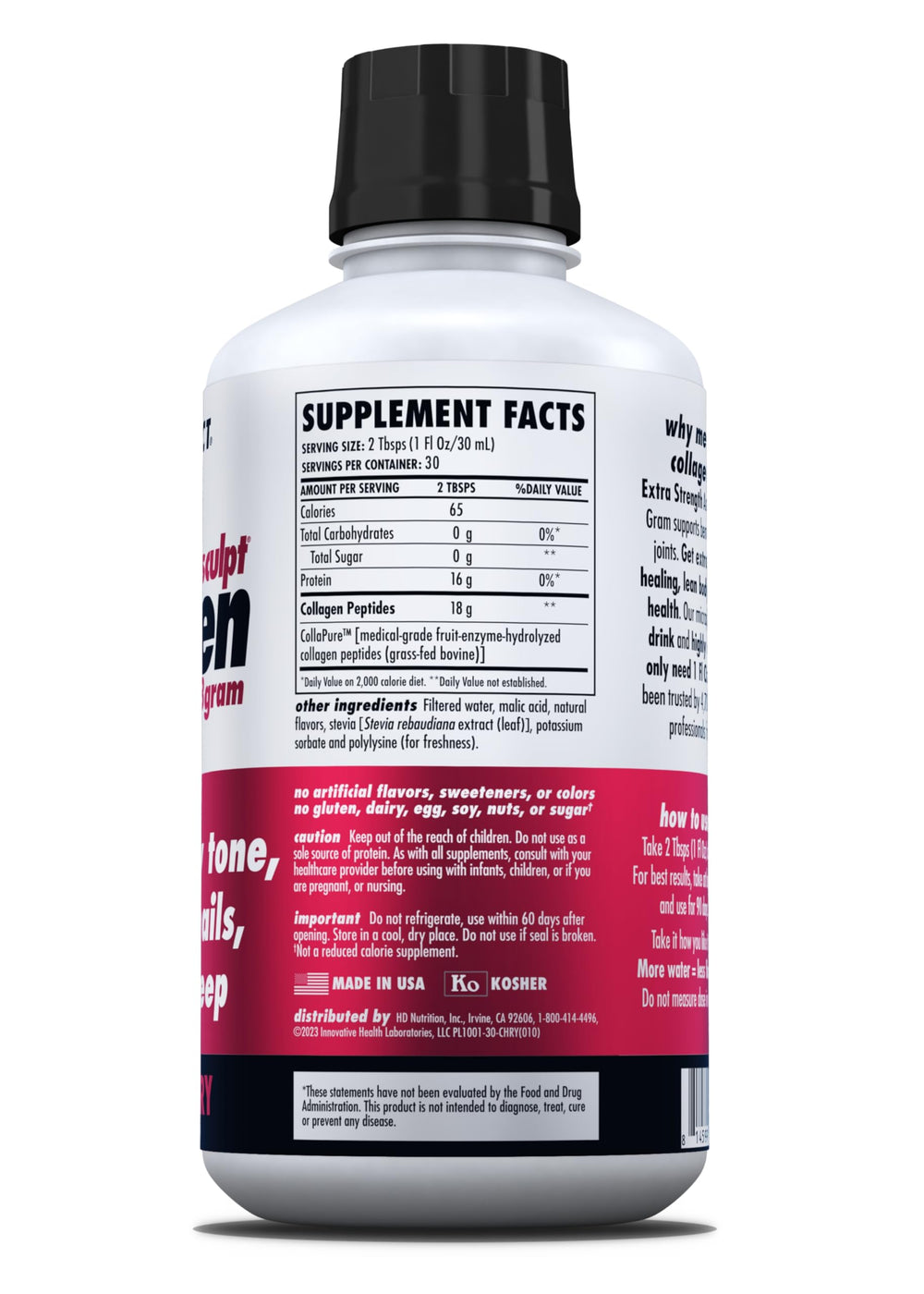 Health Direct AminoSculpt Tart Cherry label closeup highlights convenient formula.