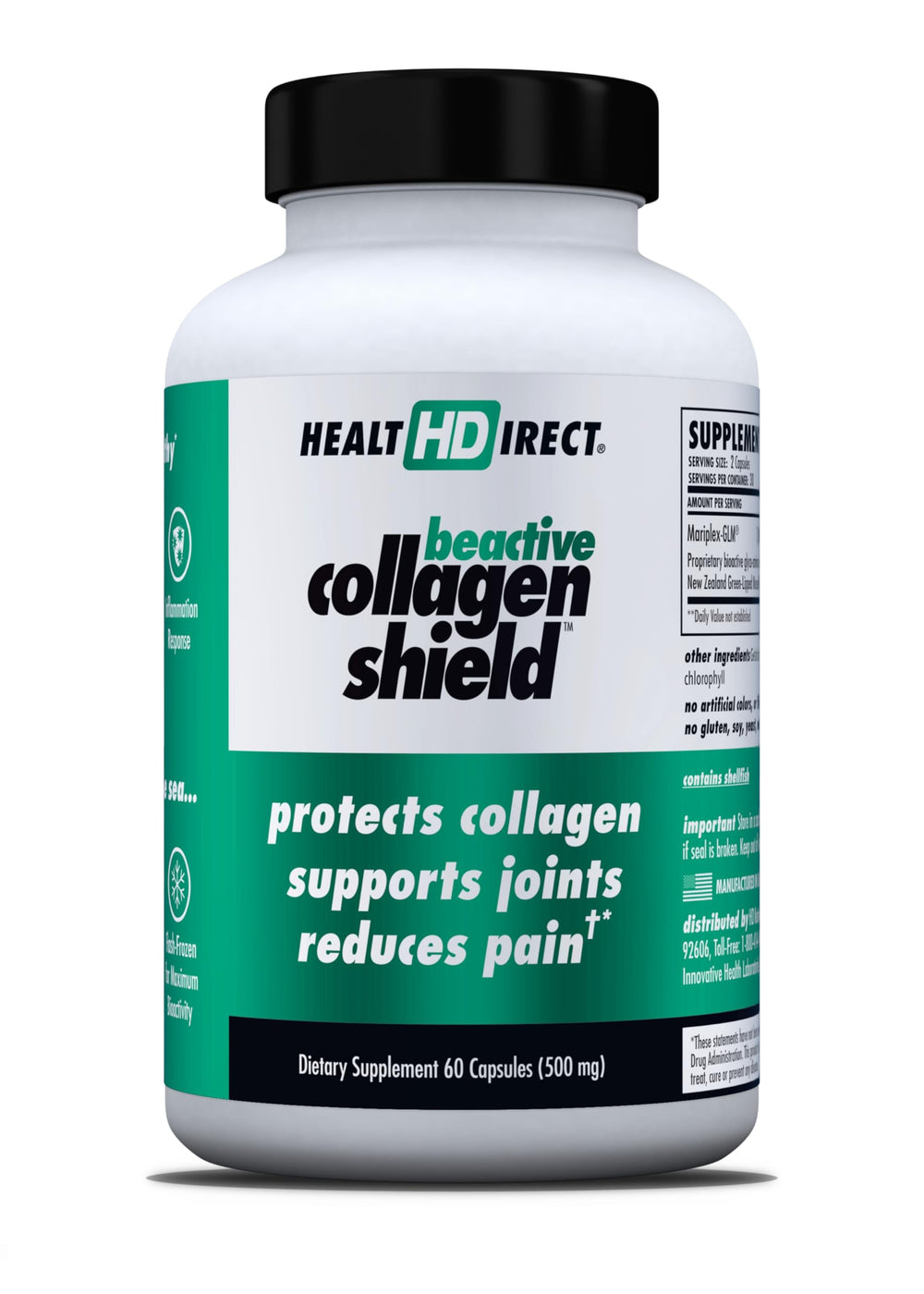 Health Direct BeActive Collagen Shield bottle highlighting eco-friendly sourcing for joint support