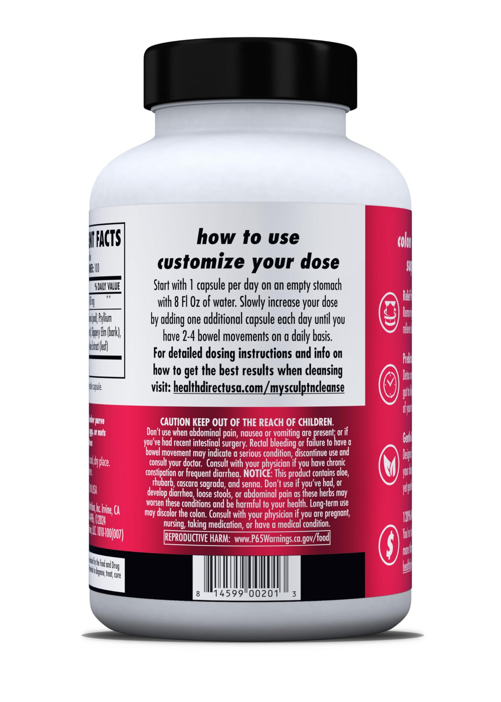Health Direct Sculpt n' Cleanse bottle beside water glass supports daily routine.