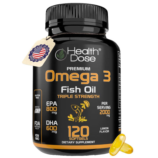 Health Dose Omega-3 lemon softgels bottle for daily wellness with lemon flavor.