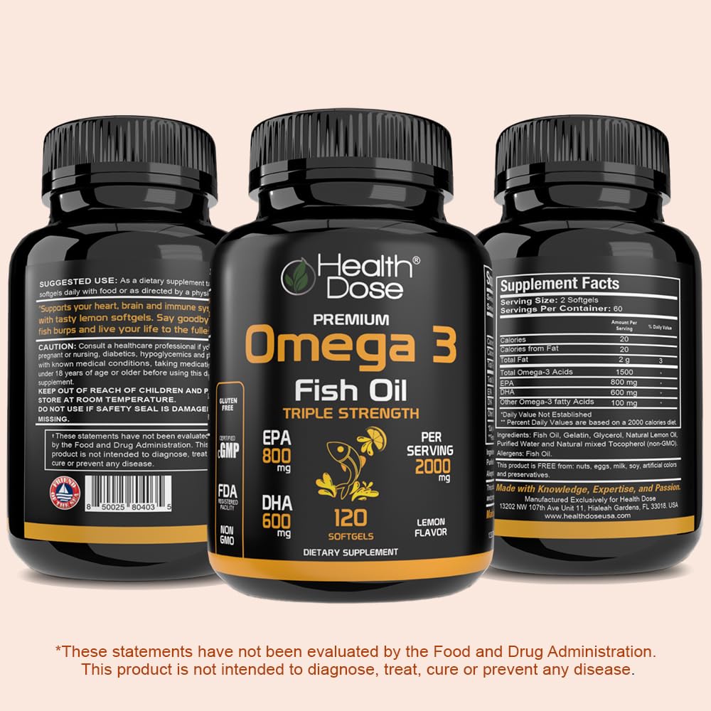 Health Dose Omega-3 lemon softgels on shelf imply lifelong health support.
