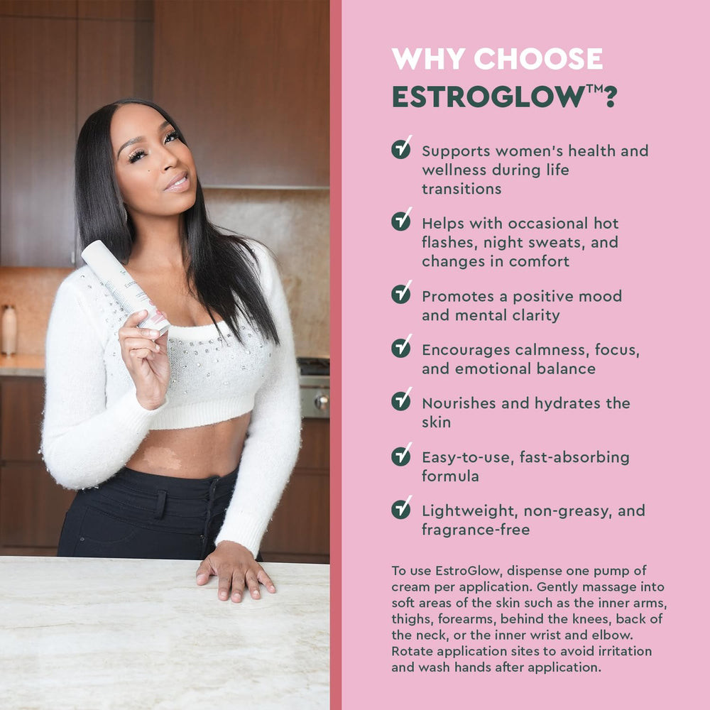 Health Focused EstroGlow label closeup showing bioidentical ingredients.