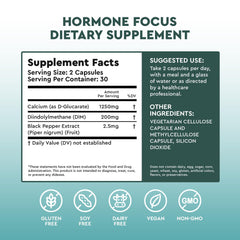 Health Focused Hormone Focus label close-up highlights DIM and Calcium D-Glucarate benefits