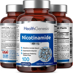 Health Genesis B3 Nicotinamide bottle with glass of water for easy daily routine.